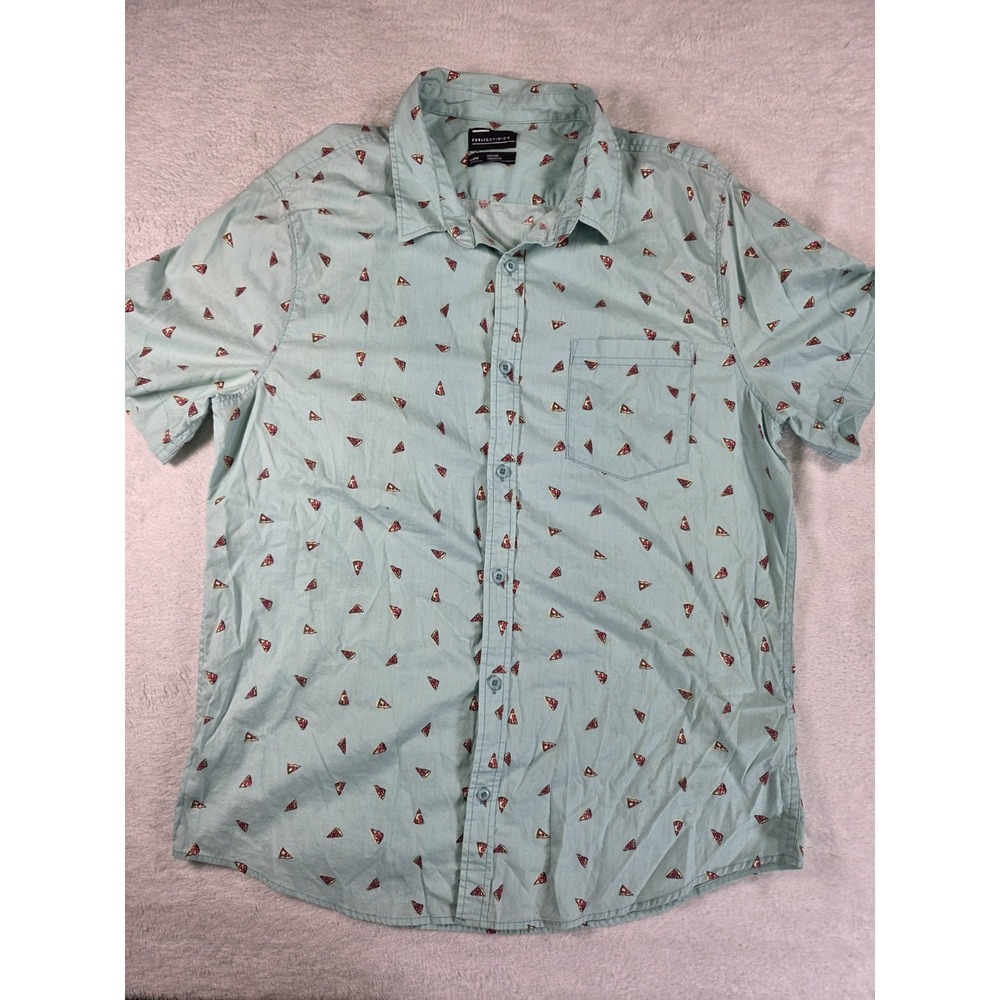 Mens Public Opinion Pizza Print Button Up Shirt XL Green Short Sleeve Casual...